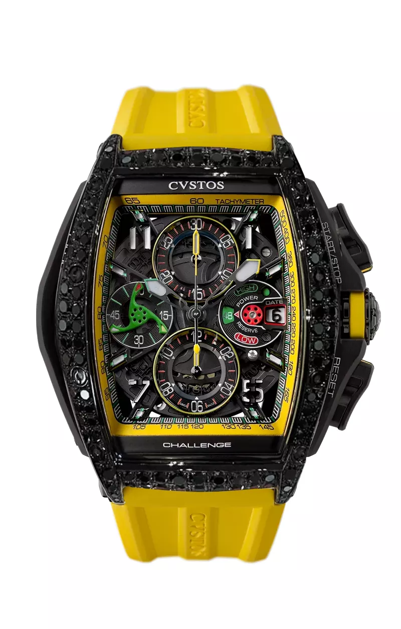 Cvstos the Time Keeper - Chrono Black Steel/2 Row Black Diamonds / Yellow